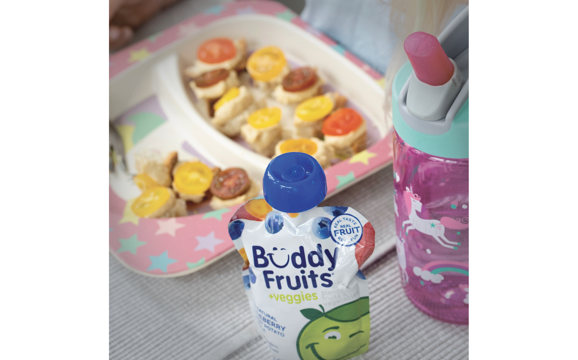 Buddy Fruits Blueberry, Sweet Potato, & Apple fruit & veggies pouch paired perfectly with a nutritious and balanced meal sure to make any kid happy.