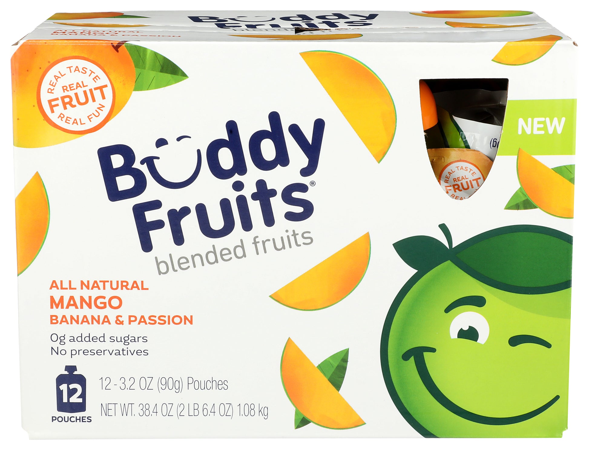 Packaging for 12 pack of Buddy Fruits Mango, Banana, & Passionfruit fruit pouch.