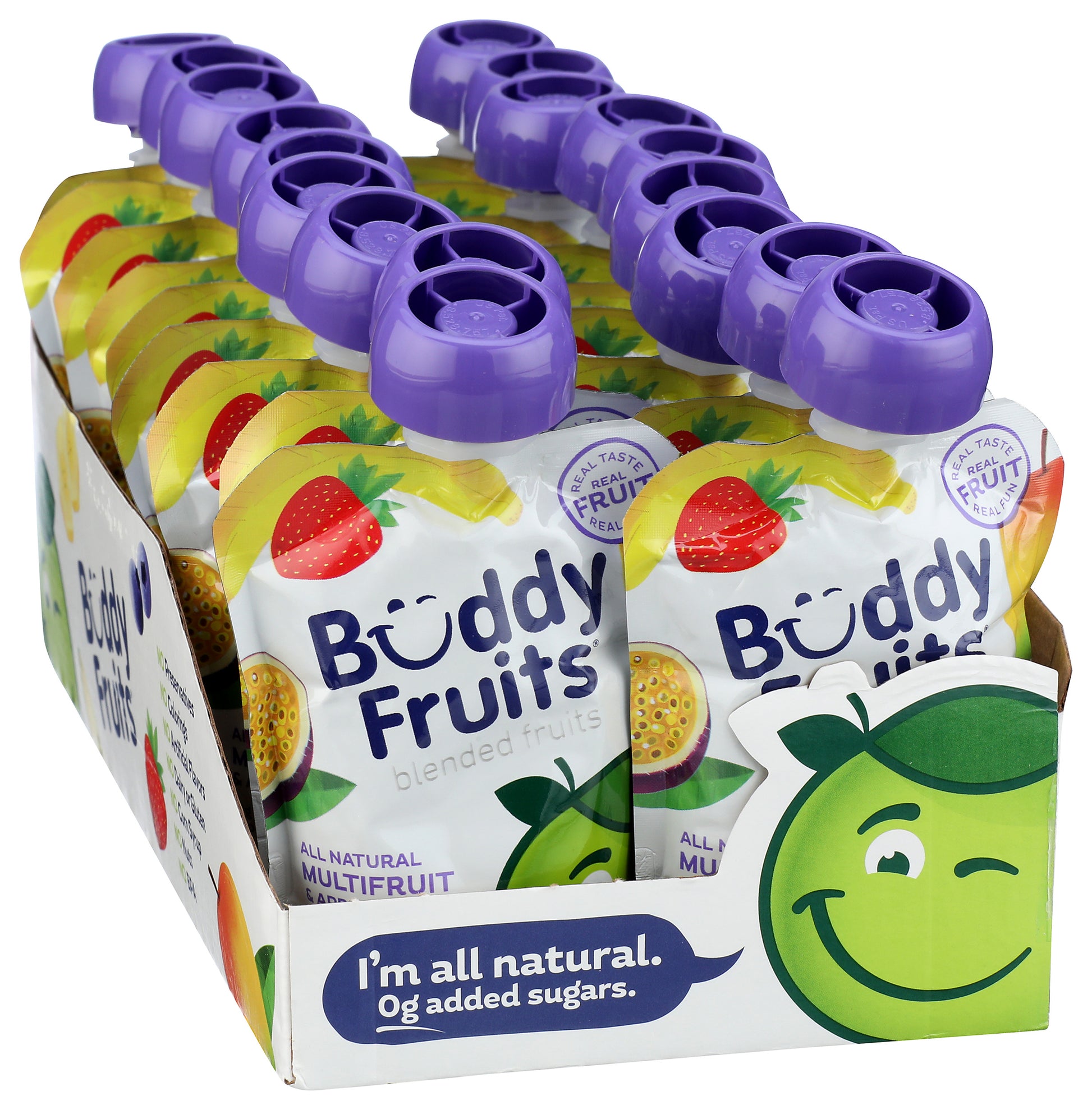 Packaging of 18 pack of Buddy Fruits Multifruit & Apple fruit pouch.