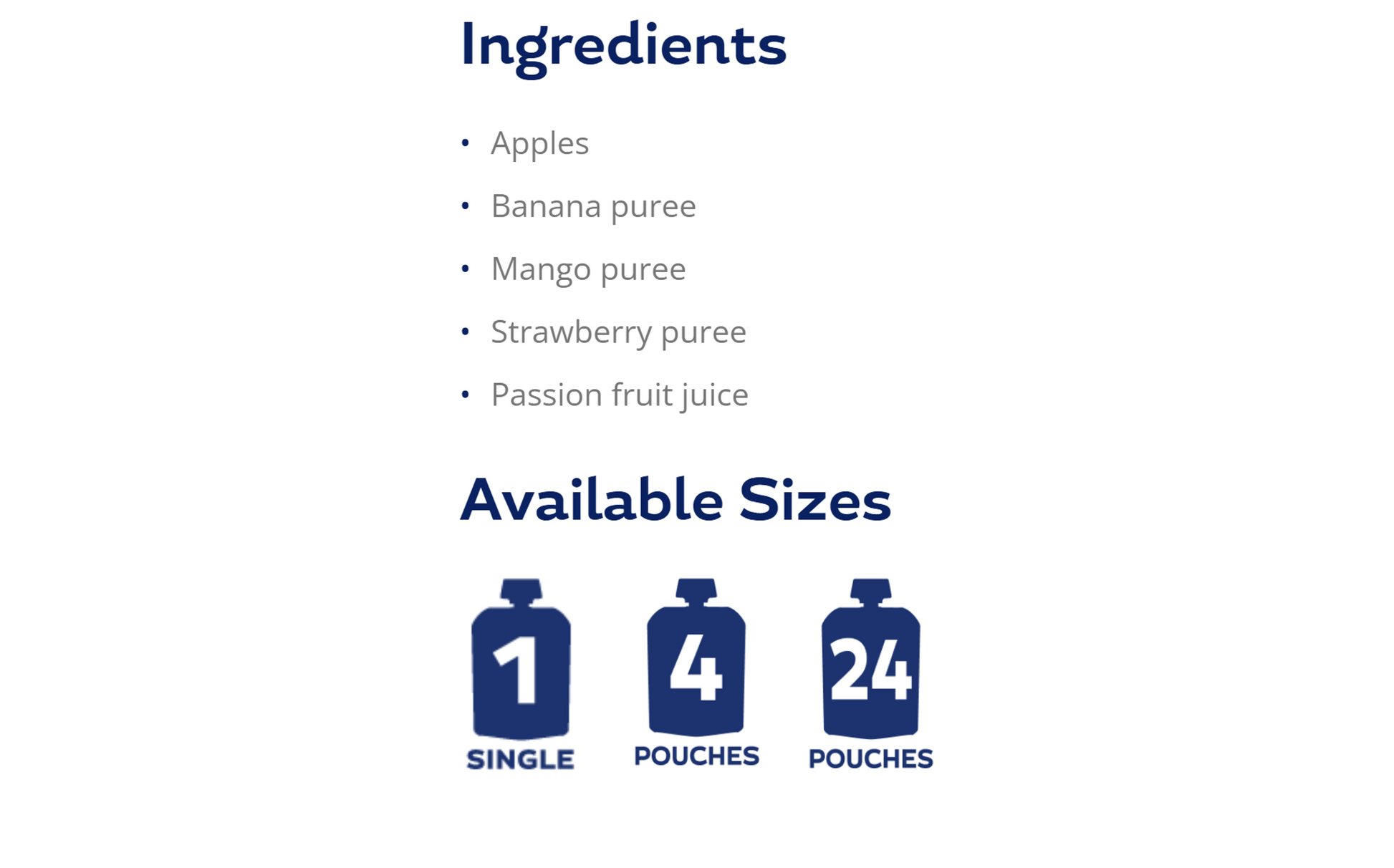 Simple ingredients and available sizes of Buddy Fruits Multifruit & Apple fruit pouch.