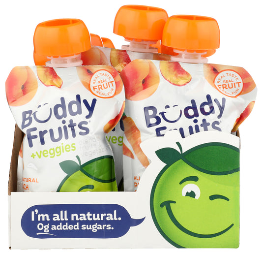Packaging of 18 pack of Buddy Fruits Peach, Carrot & Apple fruit & veggies pouch.