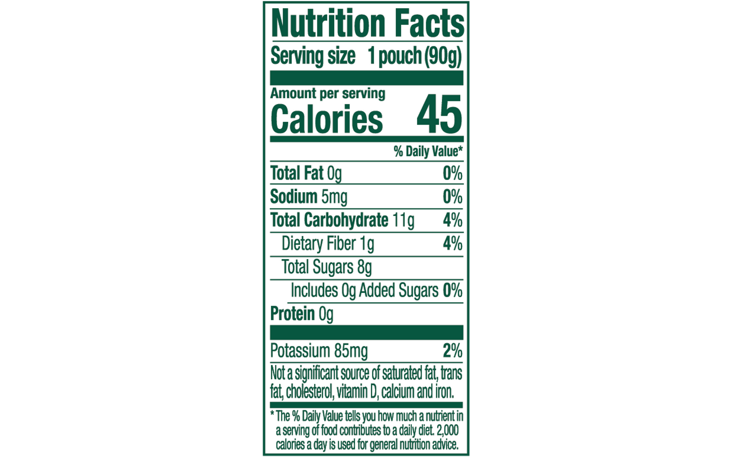 Nutrition facts for Buddy Fruits Peach, Carrot & Apple fruit & veggies pouch.