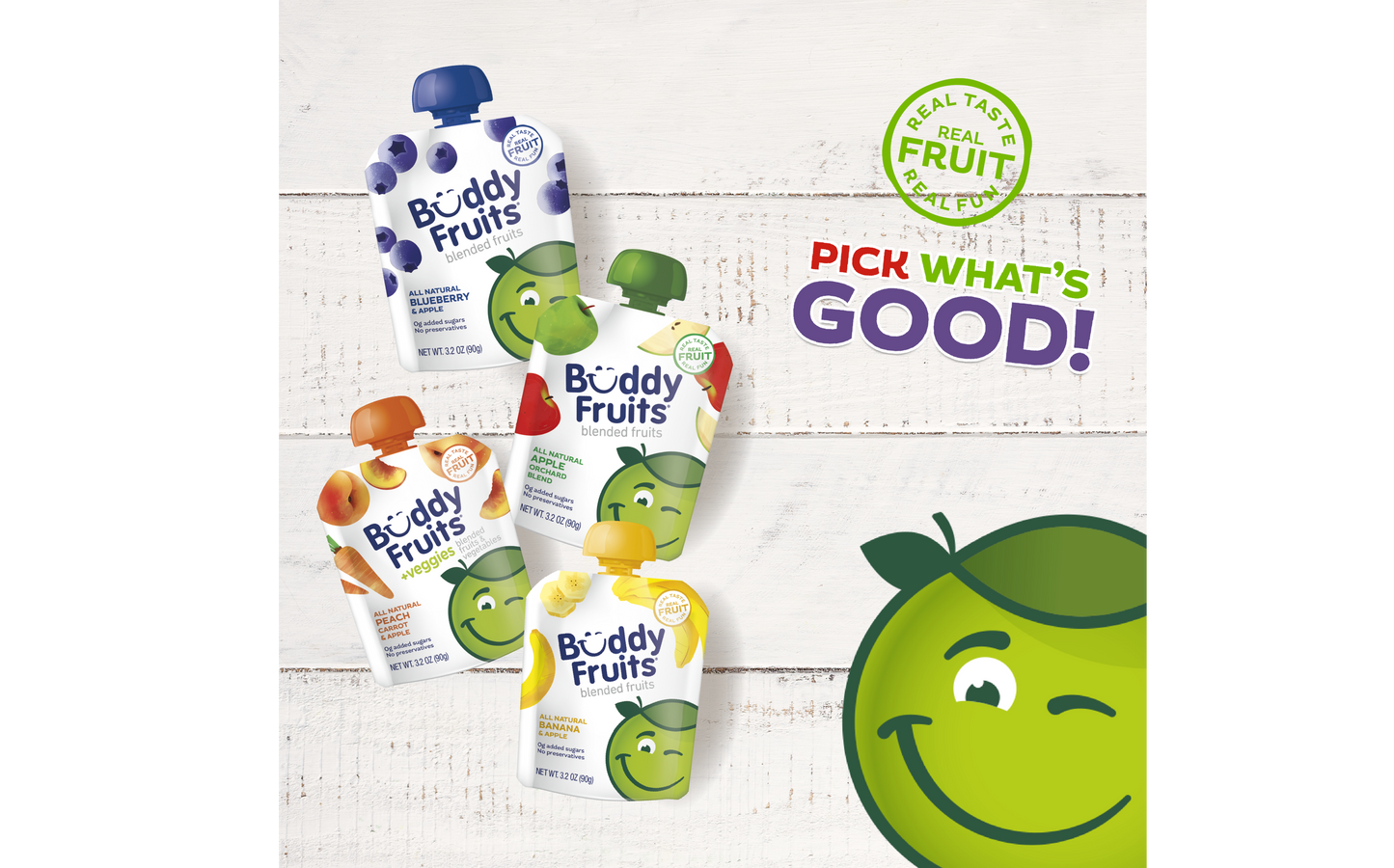 Pick what's good: Buddy Fruit Peach, Carrot, and Apple fruit & veggies pouch.