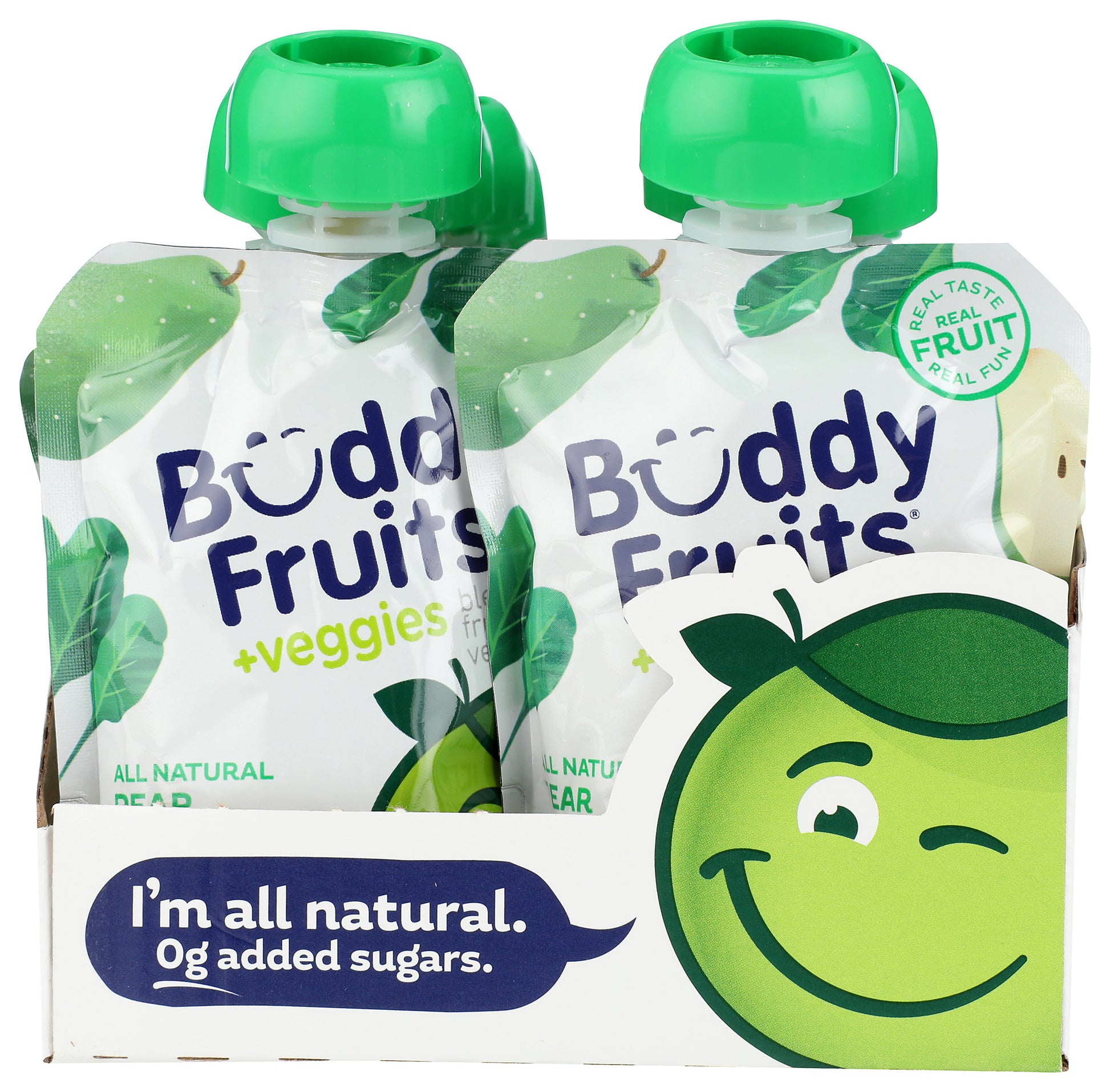 Packaging of 18 pack of Buddy Fruits Pear, Spinach & Apple fruit & veggies pouch.