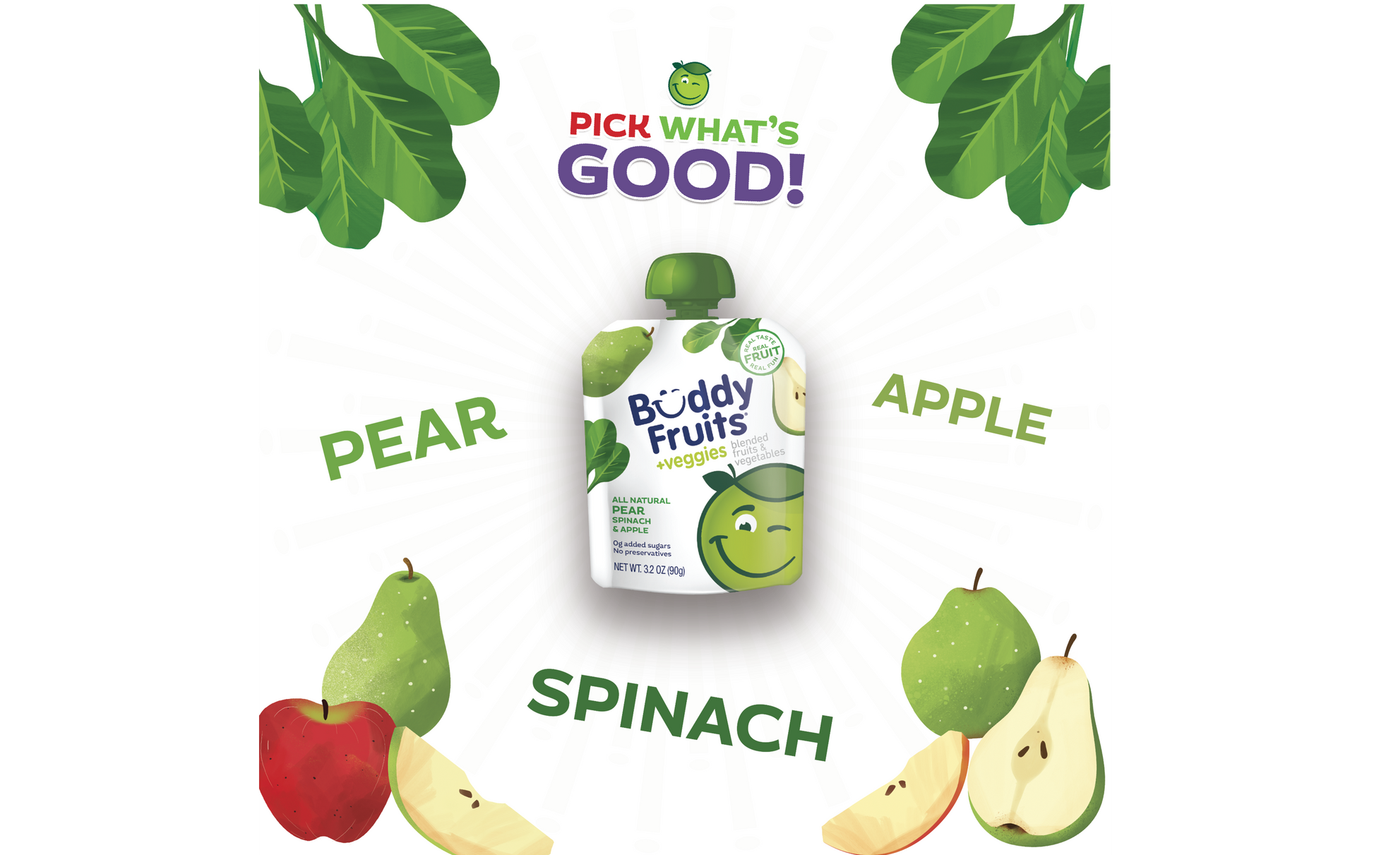 Pick What's Good: Buddy Fruit Pear, Spinach & Apple fruit & veggies pouch.