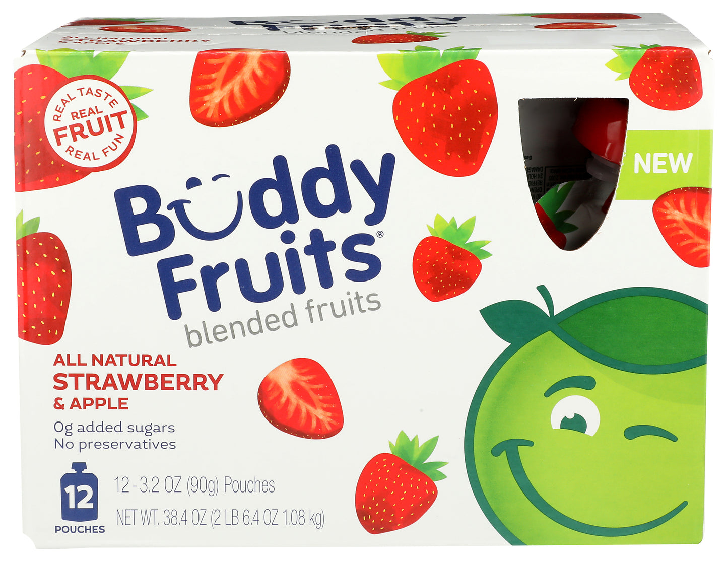 Packaging of 12 pack of Buddy Fruits Strawberry & Apple fruit pouch.