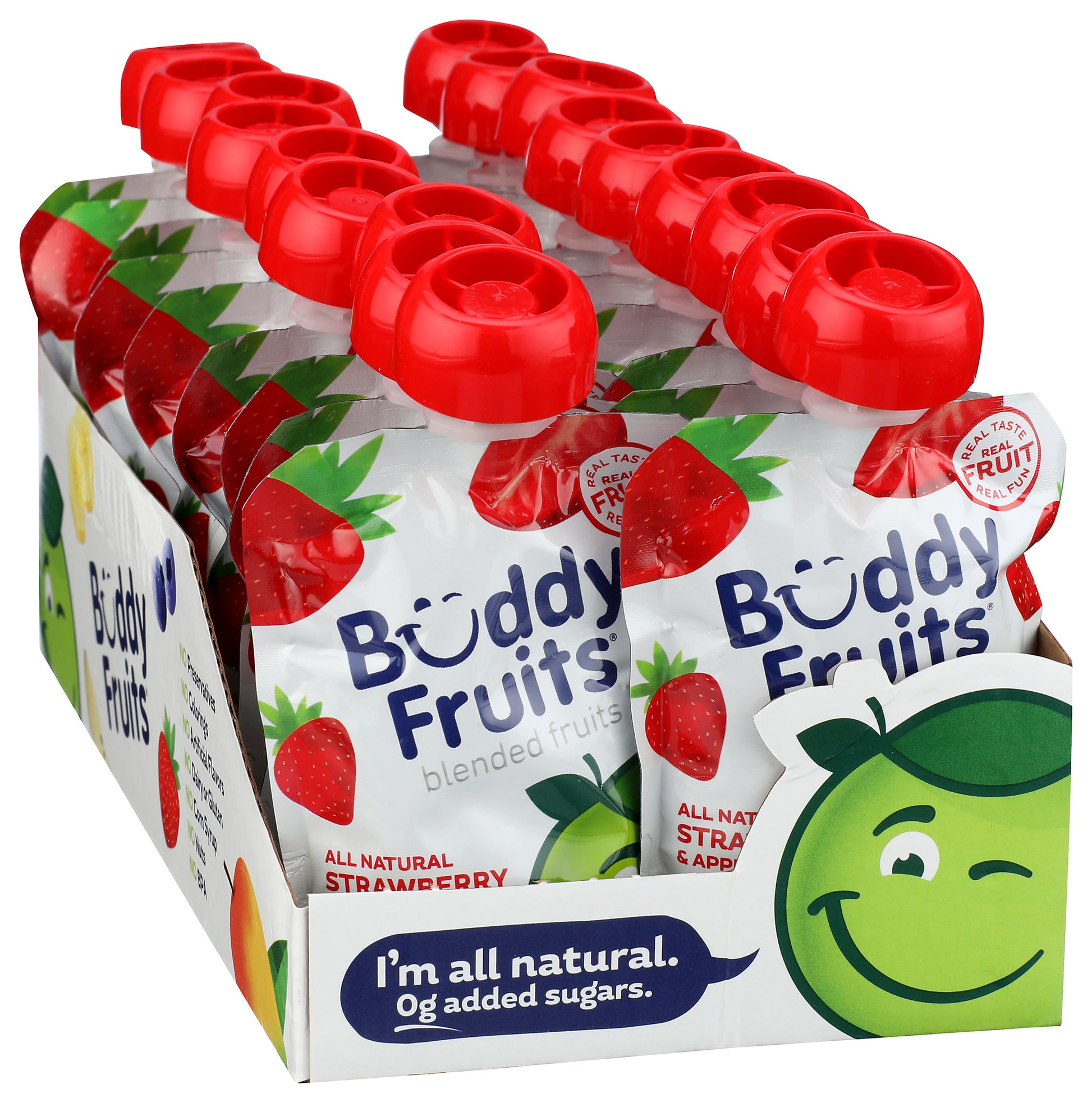 Packaging of 18 pack of Buddy Fruits Strawberry & Apple fruit pouch.