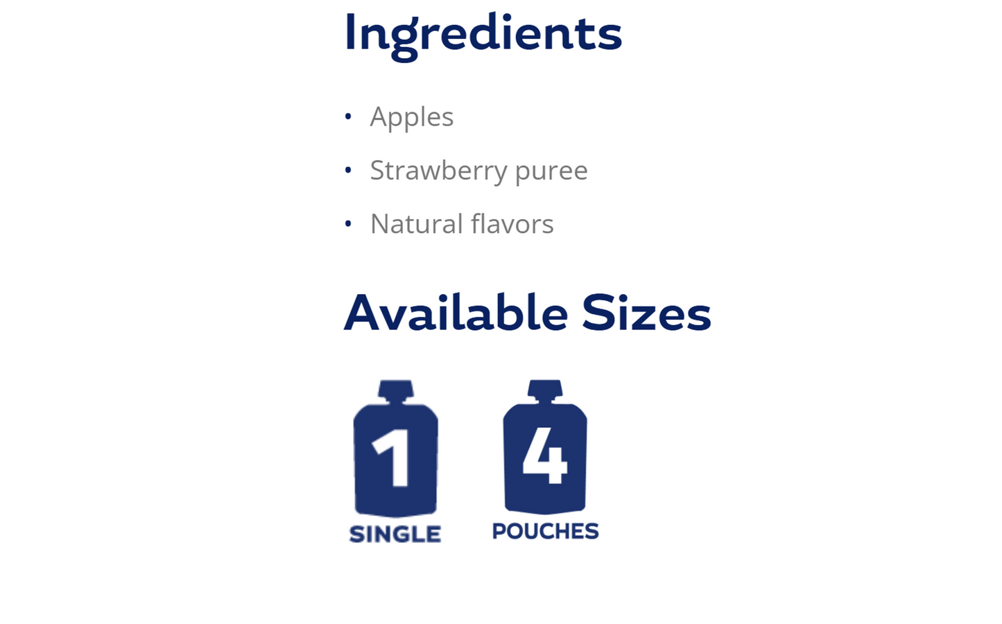 Simple ingredients and available sizes of Buddy Fruits Strawberry & Apple fruit pouch.