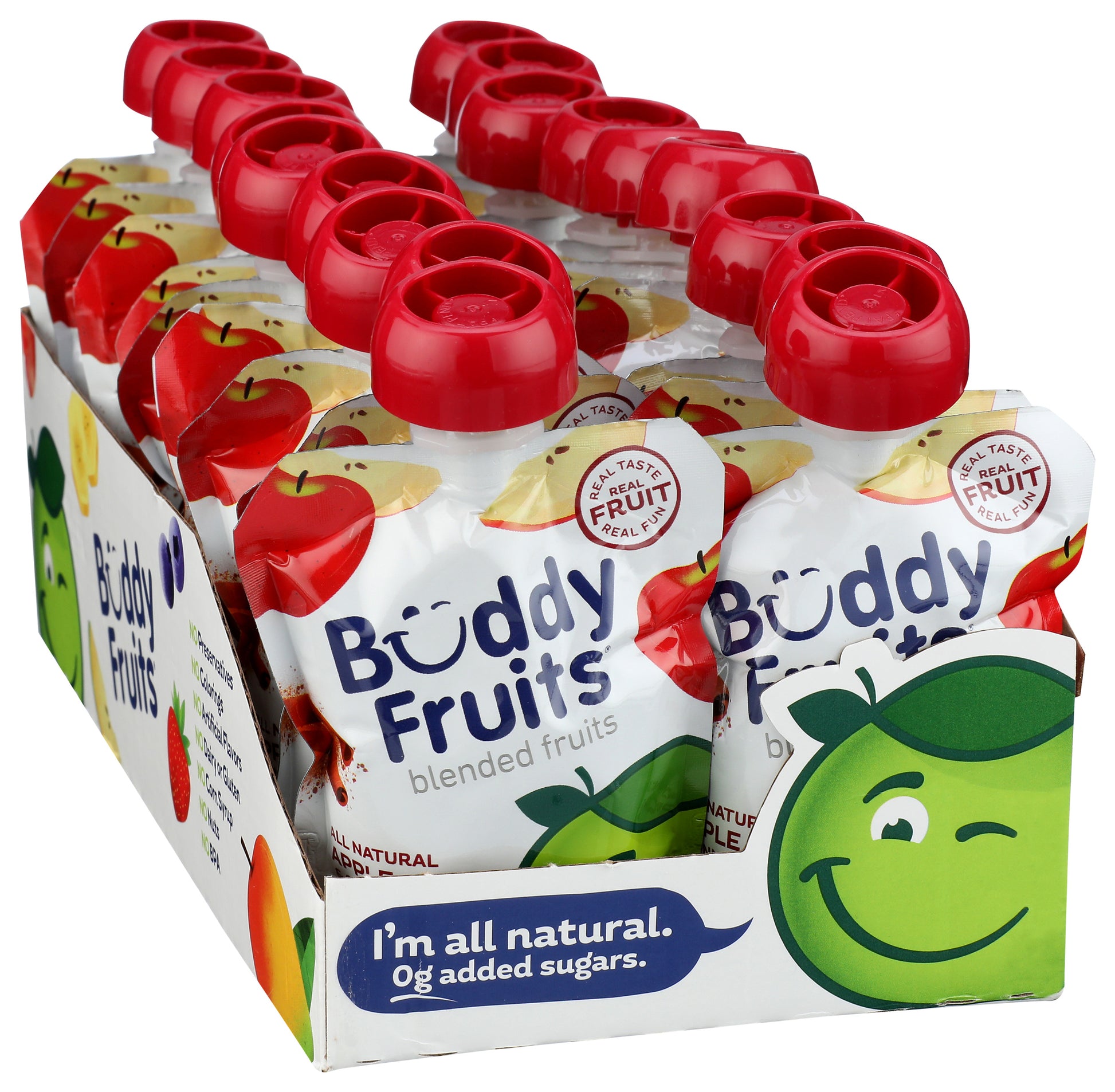 Packaging of 18 pack of Buddy Fruits Apple & Cinnamon fruit pouch.