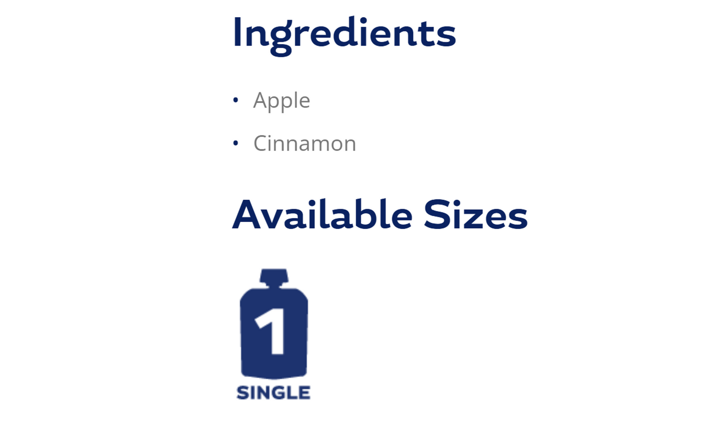 Simple ingredients and available sizes of Buddy Fruits Apple & Cinnamon fruit pouch.