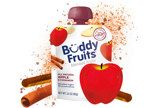 Front packaging of Buddy Fruits Apple & Cinnamon fruit pouch.