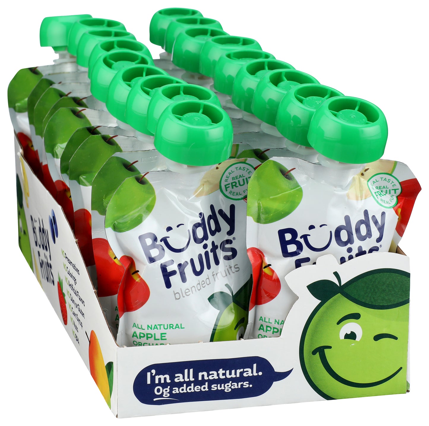 Packaging of 18 pack of Buddy Fruits Apple Orchard Blend fruit pouch.