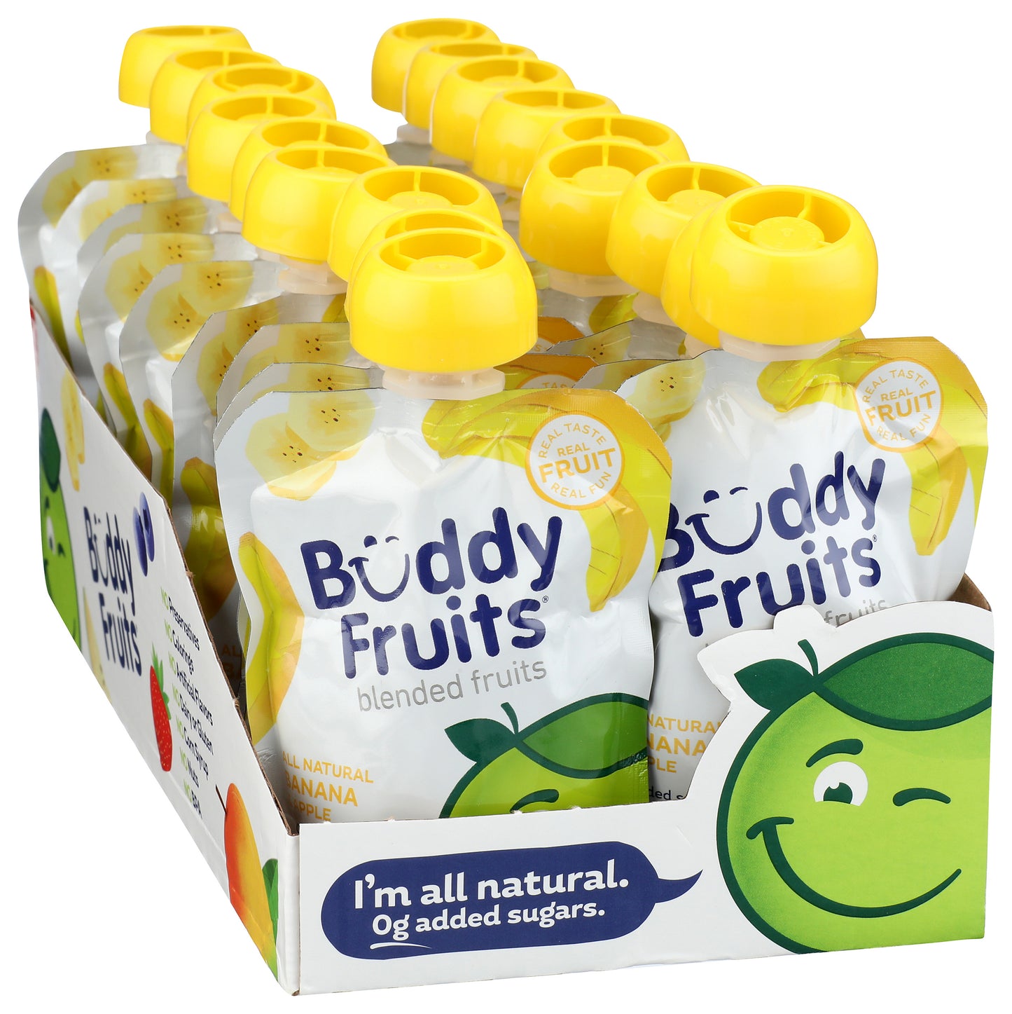 Packaging of 18 pack of Buddy Fruits Banana & Apple fruit pouch.