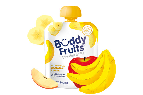 Front packaging of Buddy Fruits Banana & Apple fruit pouch.