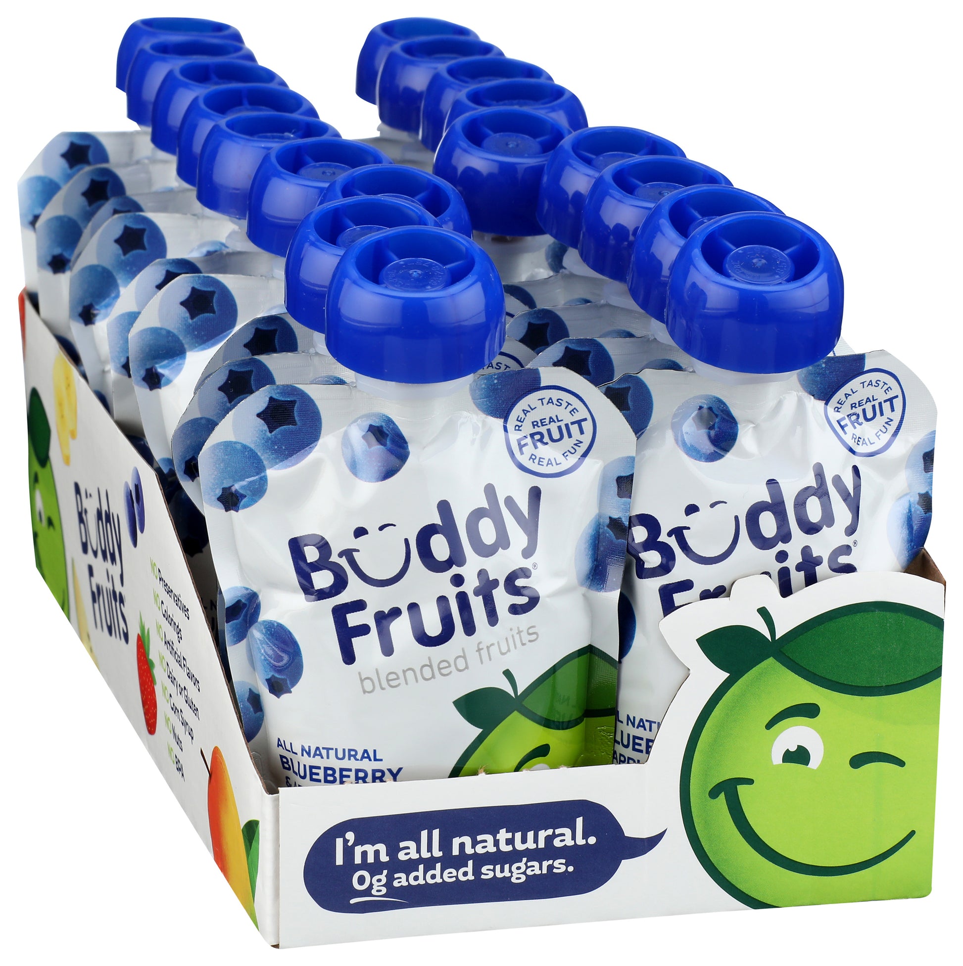 Packaging of 18 pack of Buddy Fruits Blueberry & Apple fruit pouch.