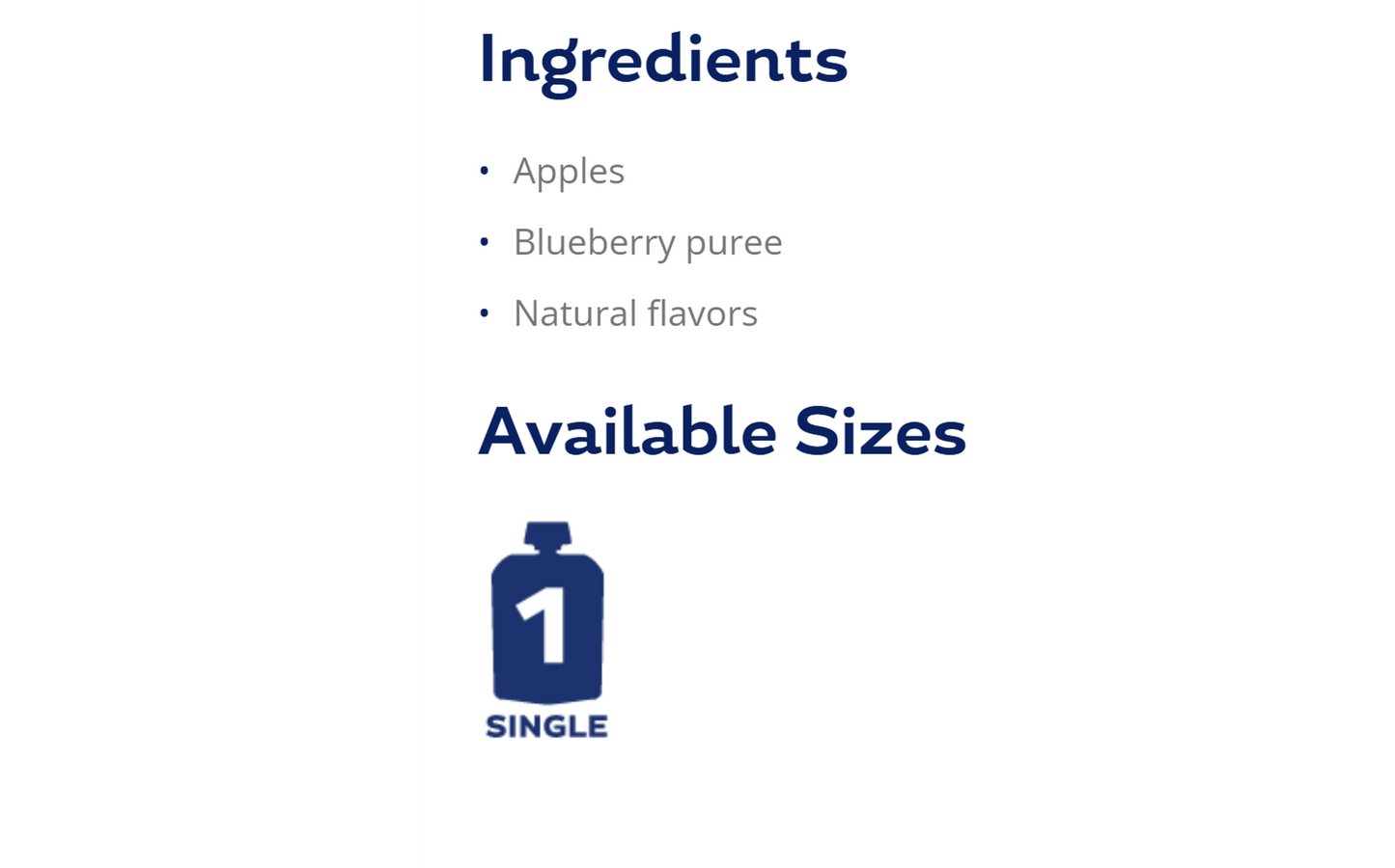 Simple ingredients and available sizes of Buddy Fruits Blueberry & Apple fruit pouch.