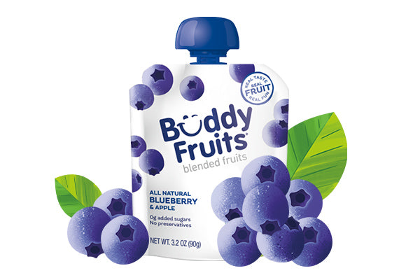 Front packaging of Buddy Fruits Blueberry & Apple fruit pouch.