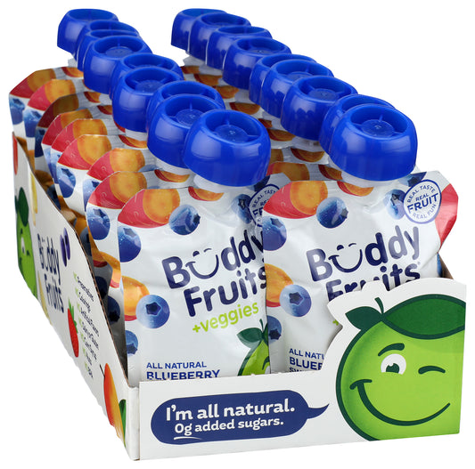 Packaging of 18 pack of Buddy Fruits Blueberry, Sweet Potato, & Apple fruit & veggies pouch.