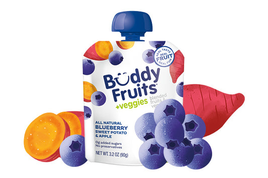 Front packaging of Buddy Fruits Blueberry, Sweet Potato & Apple fruit & veggies pouch.