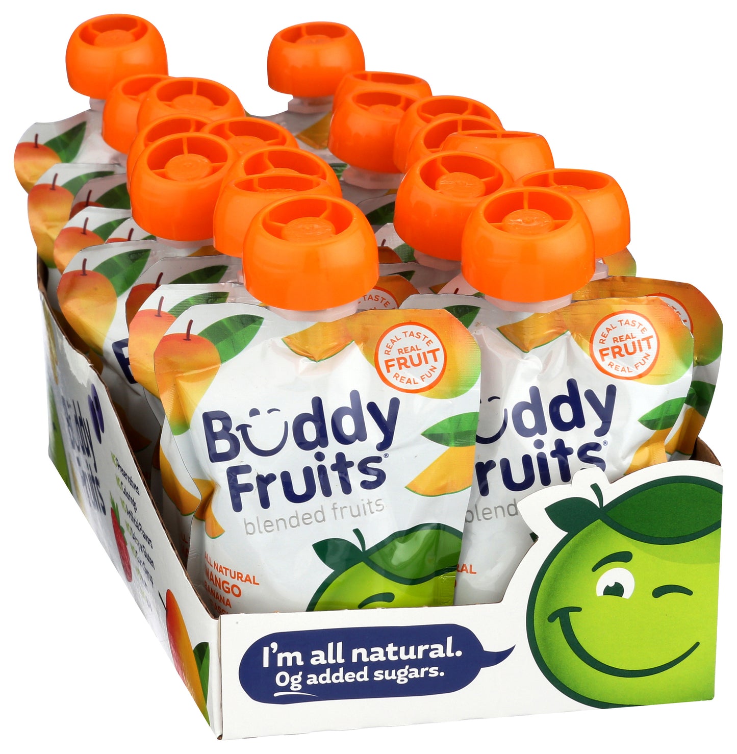 Packaging of 18 pack of Buddy Fruits Strawberry & Apple fruit pouch.