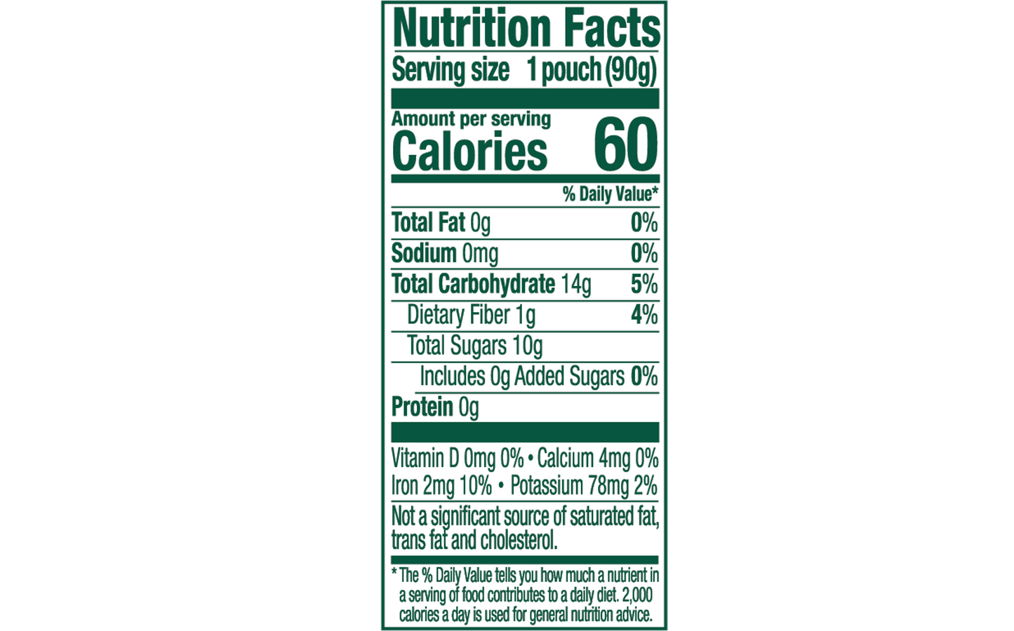 Nutrition facts for Buddy Fruits Mango, Banana, & Passionfruit fruit pouch.