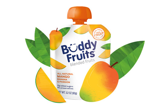 Front packaging of Buddy Fruits Mango, Banana & Passionfruit fruit pouch.