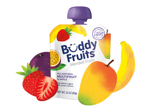 Front packaging of Buddy Fruits Multifruit & Apple fruit pouch.