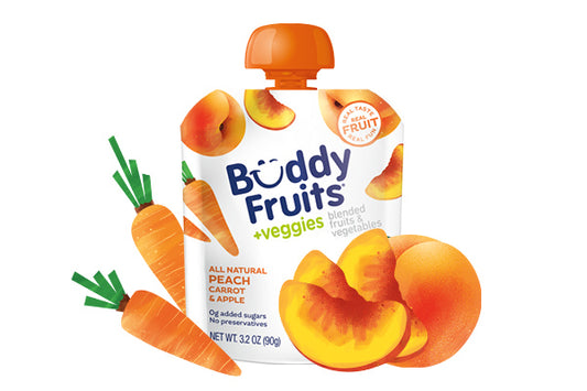 Front packaging of Buddy Fruits Peach, Carrot & Apple fruit & veggies pouch.