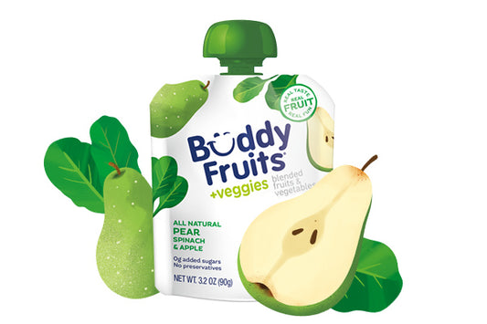 Front packaging of Buddy Fruits Pear, Spinach & Apple fruit & veggies pouch.