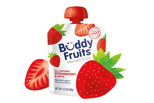 Front packaging of Buddy Fruits Strawberry & Apple fruit pouch.